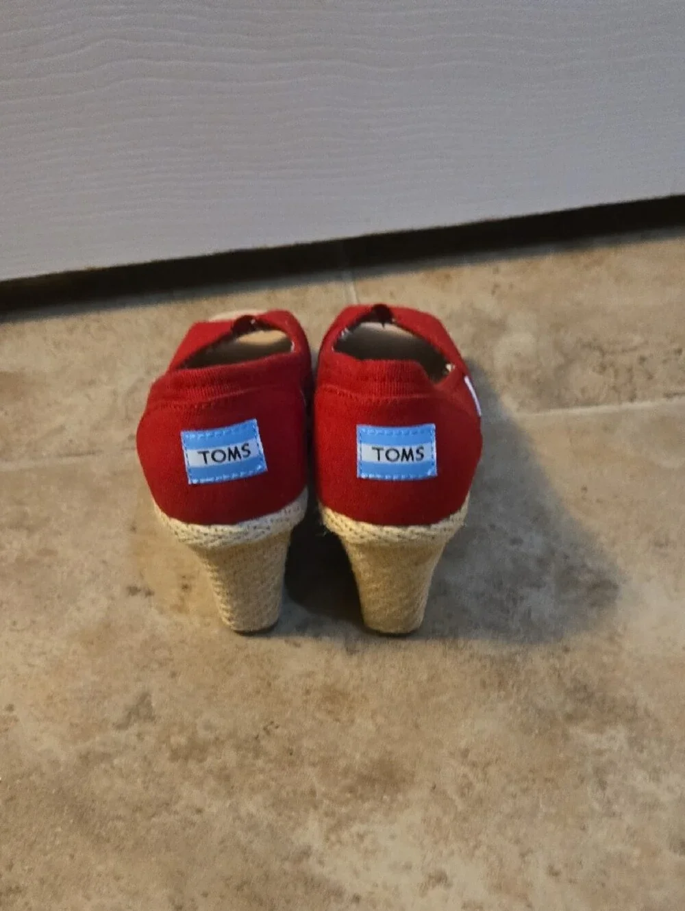 Toms Red Canvas Peep-Toe Wedge Espadrilles